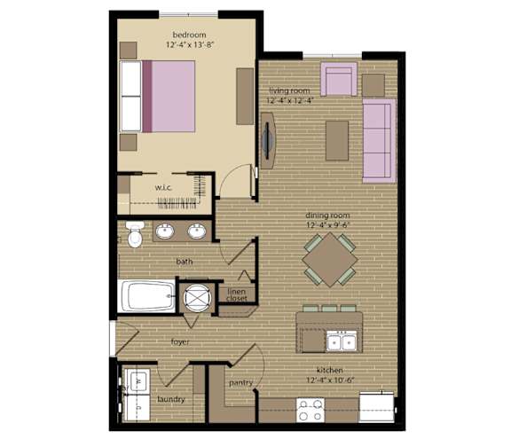 A floor plan of a small apartment with a bedroom, living room, dining room, kitchen, laundry, and bath.