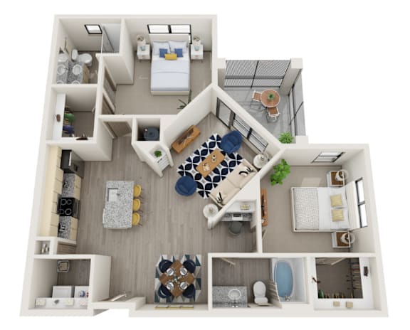 A top-down view of a small apartment with a kitchen, living room, and bathroom.