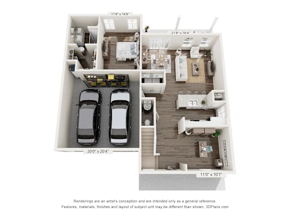 A 3D floor plan of a small apartment with two bedrooms, a living room, and a kitchen.