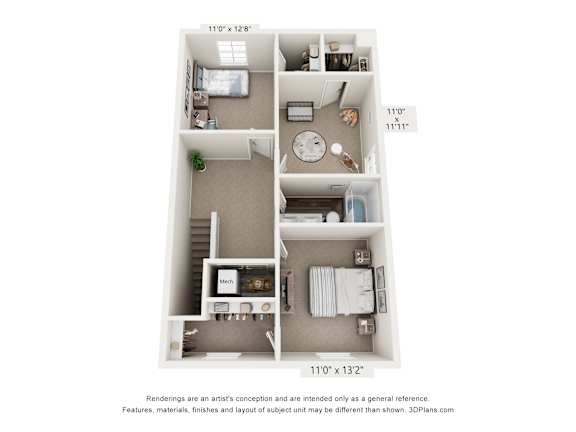 A floor plan of a small apartment with a kitchen, living room, and bedroom.