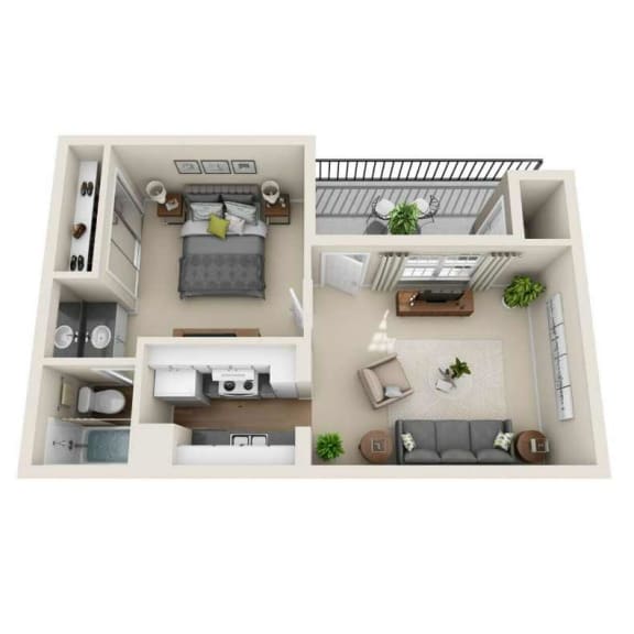 a 3d drawing of the living room with a bedroom