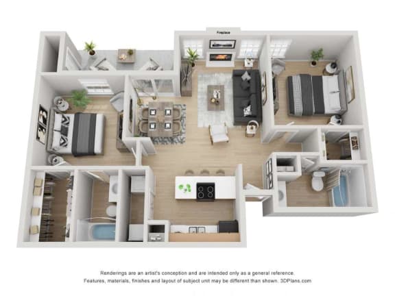 a 1 bedroom floorplan is shown in this rendering