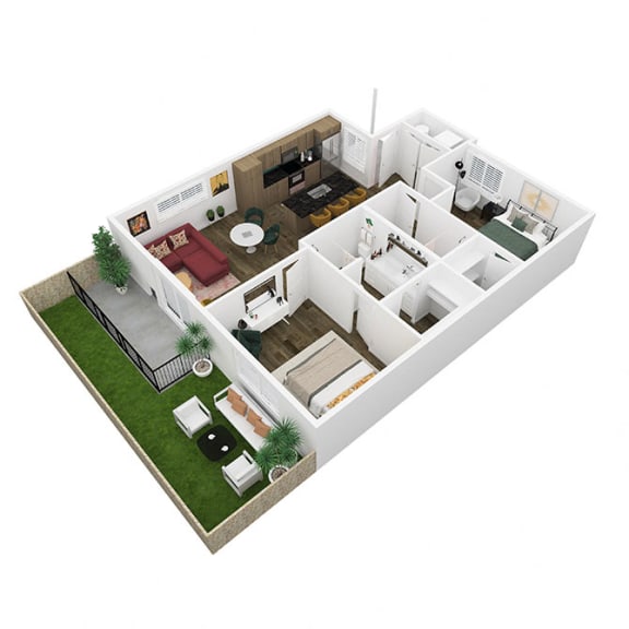 a 3d floor plan of a house with a bedroom and a living room