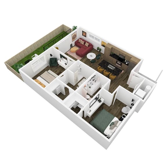 a 3d floor plan of a home with a bedroom and living room