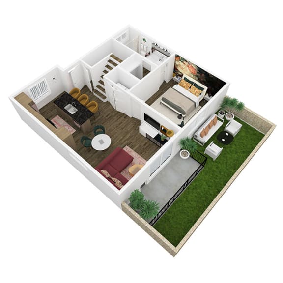a 3d floor plan of a house with a bedroom and a living room