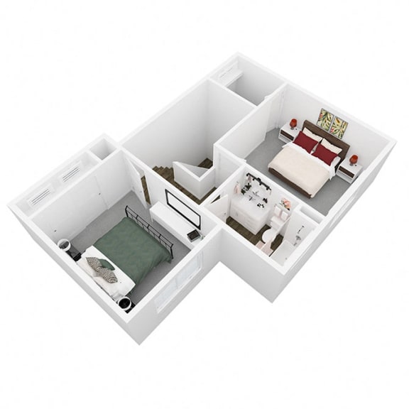 a 3d rendering of a bedroom with a bed and a bathroom