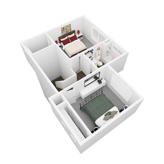 a 3d model of a bedroom with a bed and a desk