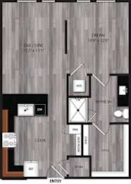 A floor plan of a house with a kitchen, living room, and two bedrooms.
