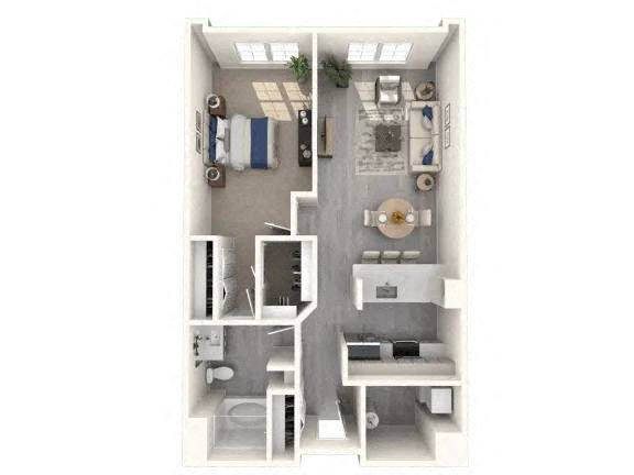 a bedroom floor plan with a bathroom and a living room