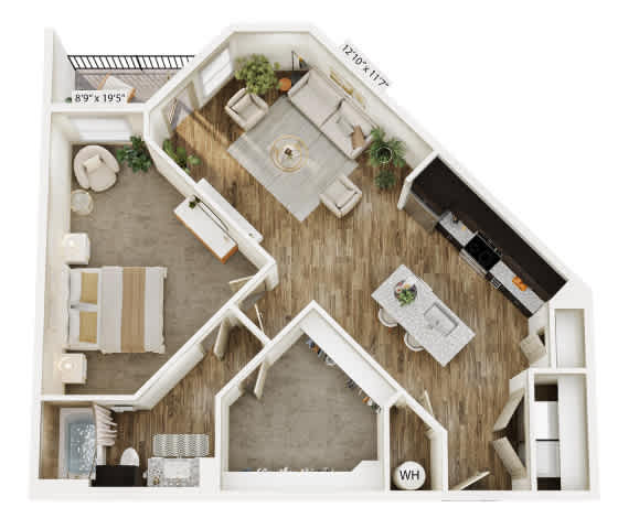 A floor plan of a house with a living room, kitchen, and bathroom.