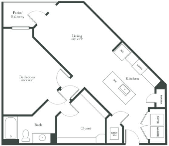 A black and white image of a house floor plan with a living room, kitchen, bathroom, bedroom, and closet.