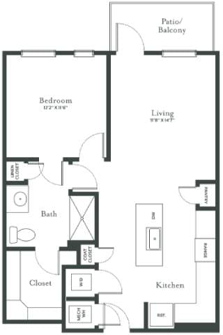 A floor plan of a home with a bedroom, bath, closet, kitchen, and living room.