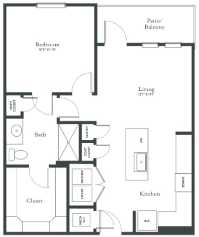 A floor plan of a house with a bedroom, bathroom, closet, kitchen, and living room.