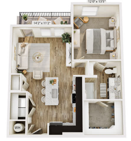 A 12'0" x 13'5" floor plan of a room with a kitchen, living room, and bathroom.