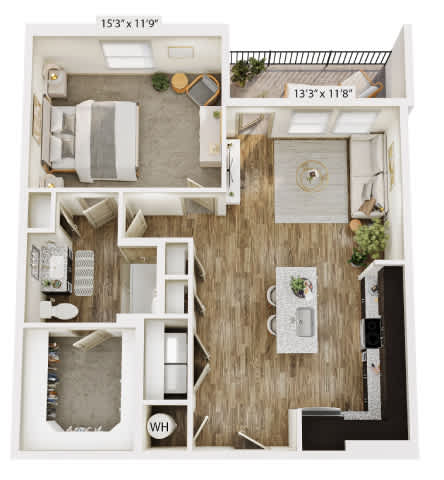 A floor plan of a small apartment with a living room, kitchen, and bathroom.
