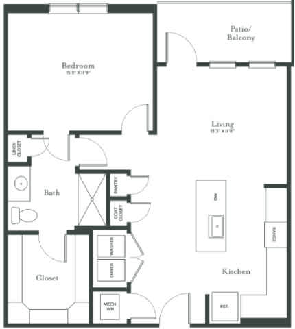 A floor plan of a house with a bedroom, bath, closet, kitchen, and living area.