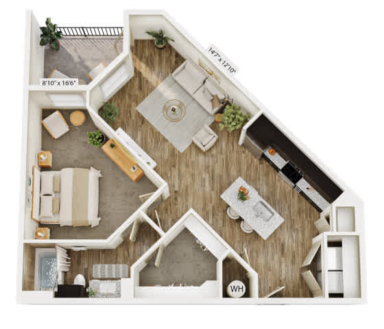 A floor plan of a small apartment with a living room, kitchen, and bathroom.