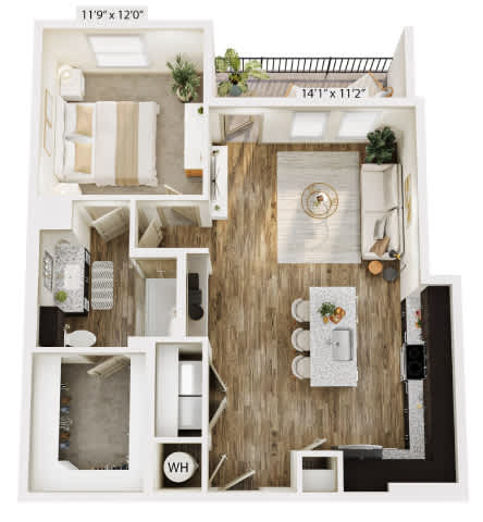 A floor plan of a small apartment with a kitchen, living room, and bathroom.