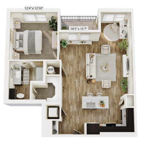 A floor plan of a small apartment with a bedroom, living room, and kitchen.