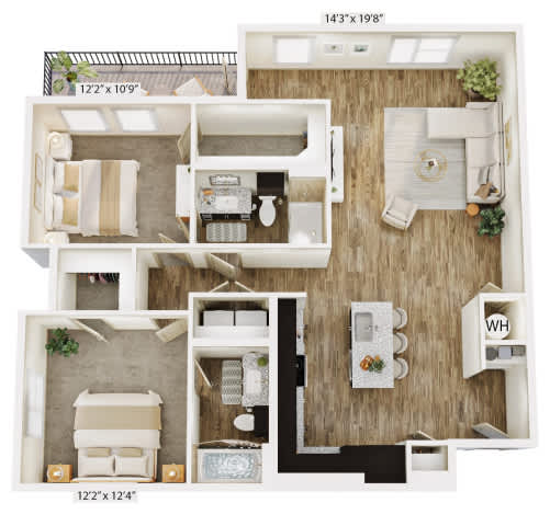 A floor plan of a small apartment with a living room, kitchen, and bathroom.