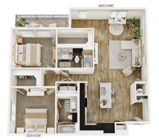 A floor plan of a small apartment with a living room, kitchen, and bathroom.