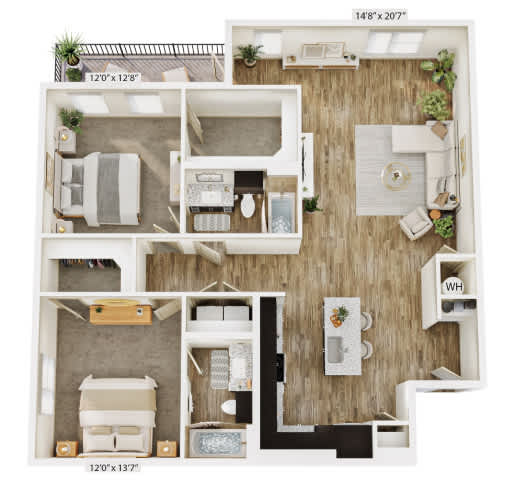 A floor plan of a small apartment with a kitchen, living room, and bathroom.