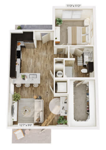 A floor plan of a small apartment with a kitchen, living room, and bathroom.