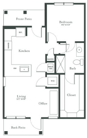 A floor plan of a house with a front and back patio.