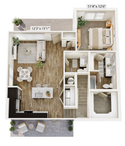 A floor plan of a small apartment with a kitchen, living room, and bathroom.