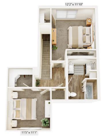 A floor plan of a two-bedroom apartment with a living room, kitchen, and bathroom.