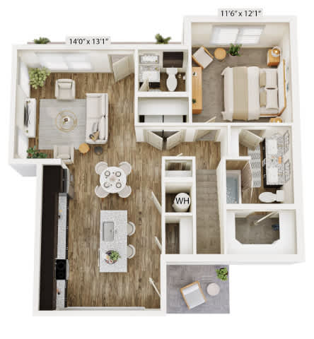 A floor plan of a small apartment with a kitchen, living room, and bathroom.