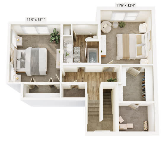 A floor plan of a small apartment with a living room, kitchen, and bedroom.