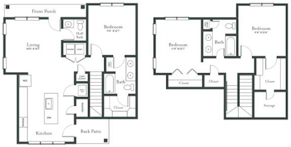 A black and white floor plan of a two-story house with a front porch, living room, dining room, kitchen, two bedrooms, two bathrooms, and a back patio.