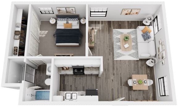 a 1 bedroom floor plan with a bed and a bathroom