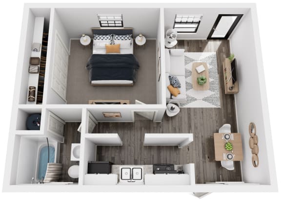 a 3d rendering of a bedroom with a bed