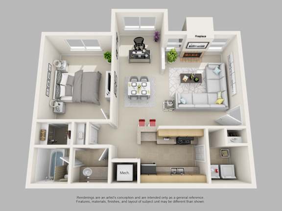 A 3D floor plan of a small apartment with a living room, kitchen, and bedroom.