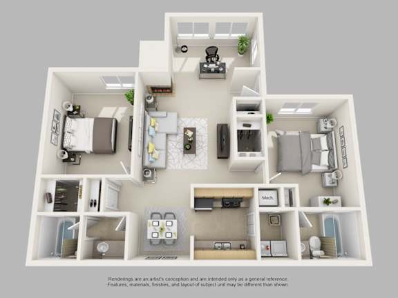 A 3D floor plan of a house with labeled rooms.