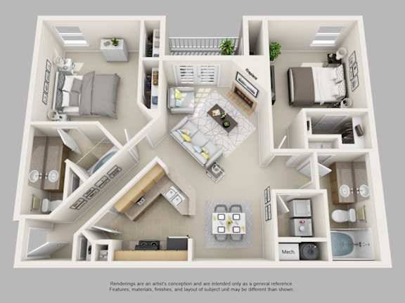 A 3D floor plan of a house with labeled rooms.