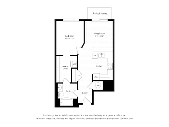 A black and white floor plan of a small apartment.