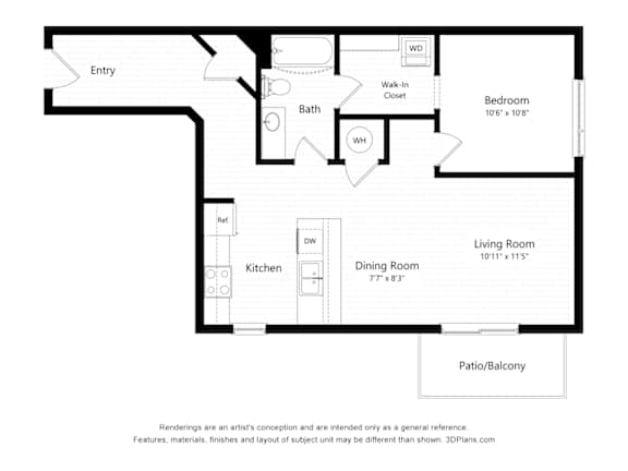 A floor plan of a house with a living room, dining room, kitchen, bath, bedroom and patio.