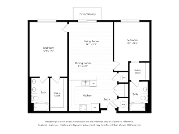 A black and white floor plan of a house with a living room, dining room, kitchen, and two bedrooms.