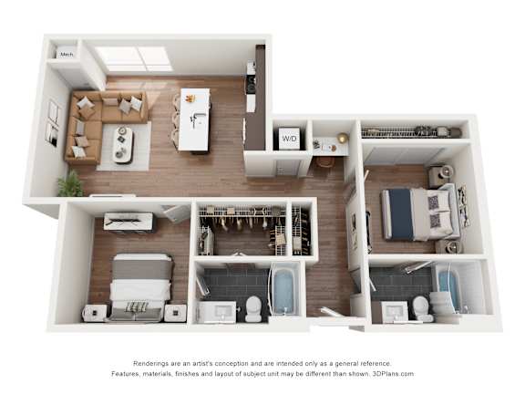 A 3D floor plan of a house with labeled rooms.