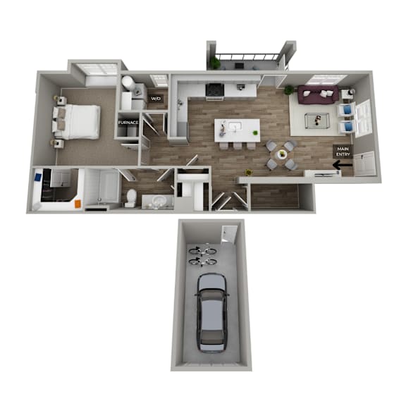 A top-down view of a house layout with a garage and a separate entrance.
