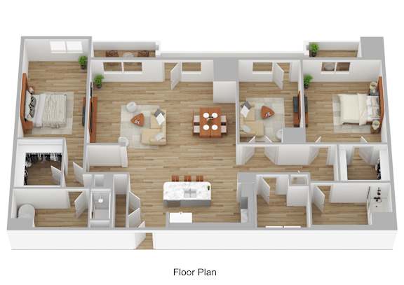 A floor plan of a house with a living room, dining room, kitchen, and bedrooms.