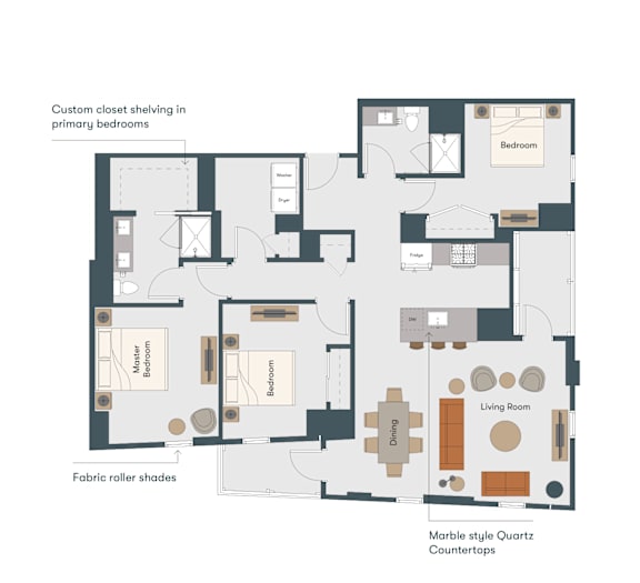 A floor plan of a Marble style Quartz Countertops apartment with a living room, dining room, kitchen, and bathrooms.