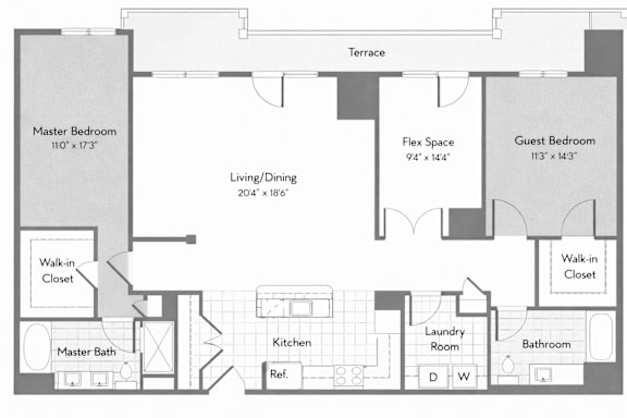 A floor plan of a house with a master bedroom, a guest bedroom, a living/dining area, a kitchen, a laundry room, a bathroom, and two walk-in closets.