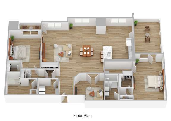 A floor plan of a house with a living room, dining room, kitchen, and bedrooms.