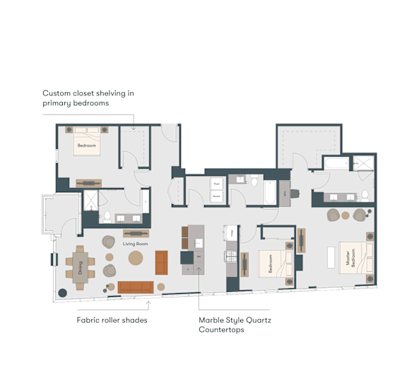 A floor plan of an apartment with a living room, two bedrooms, a kitchen, and a dining area.