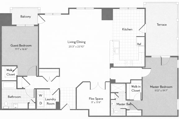 A floor plan of a house with a guest bedroom, laundry room, and a terrace.