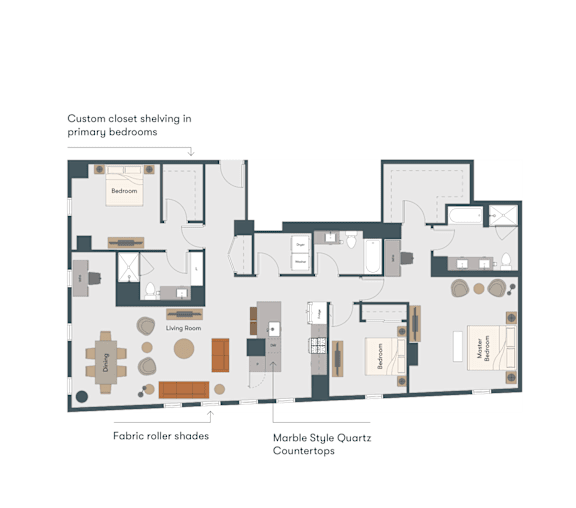 A floor plan of a house with a living room, dining room, kitchen, and two bedrooms.